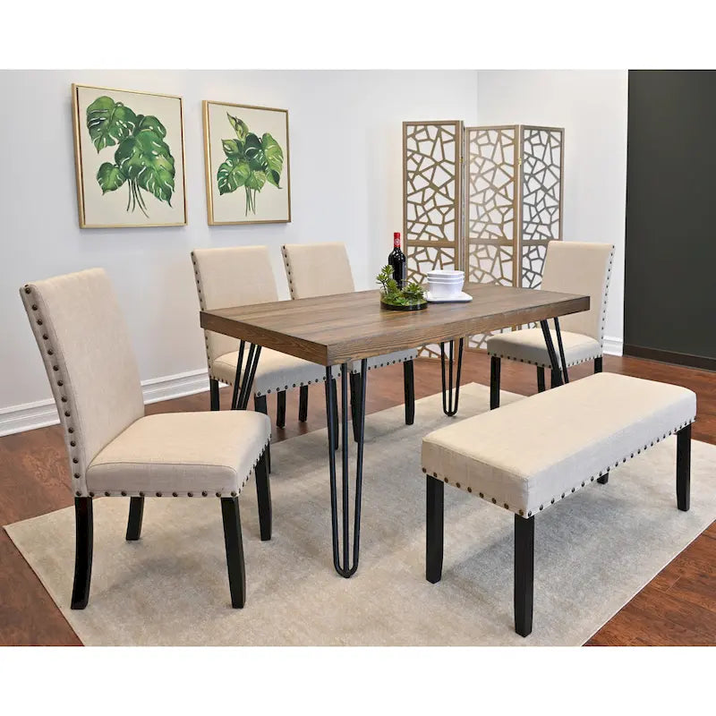 Ensemble de salle à manger industriel 6 pièces avec table rectangulaire, 4 chaises rembourrées en lin et un banc