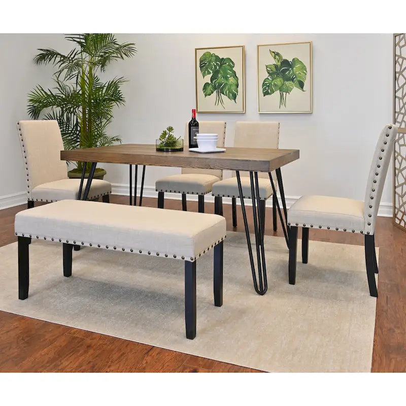 Ensemble de salle à manger industriel 6 pièces avec table rectangulaire, 4 chaises rembourrées en lin et un banc