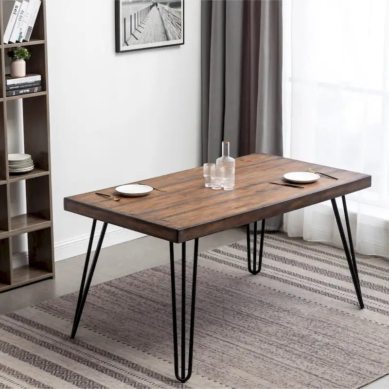Ensemble de salle à manger industriel 6 pièces avec table rectangulaire, 4 chaises rembourrées en lin et un banc