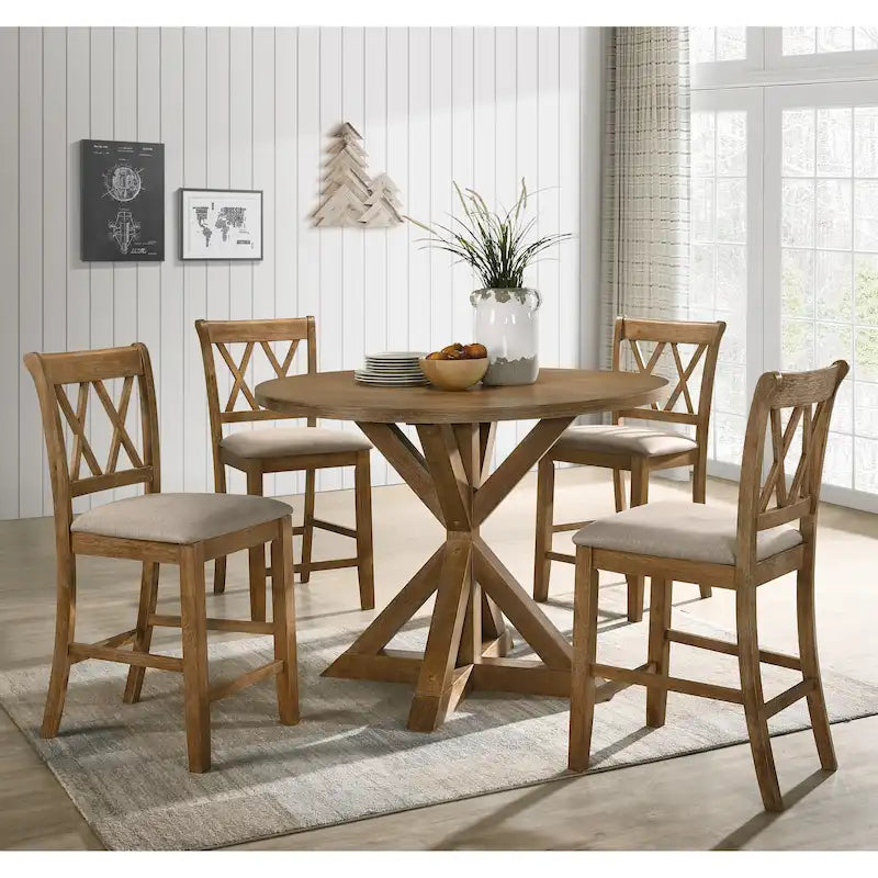 Ensemble de salle à manger en bois 5 pièces à hauteur de comptoir avec pied de table croisé et 4 chaises à dossier croisé