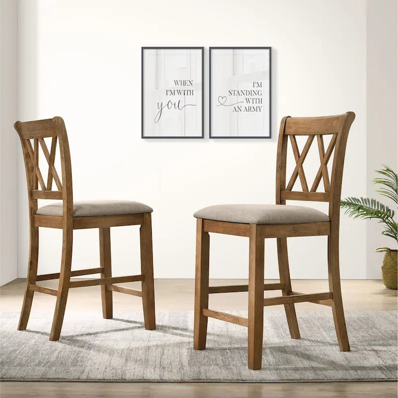 Ensemble de salle à manger en bois 5 pièces à hauteur de comptoir avec pied de table croisé et 4 chaises à dossier croisé