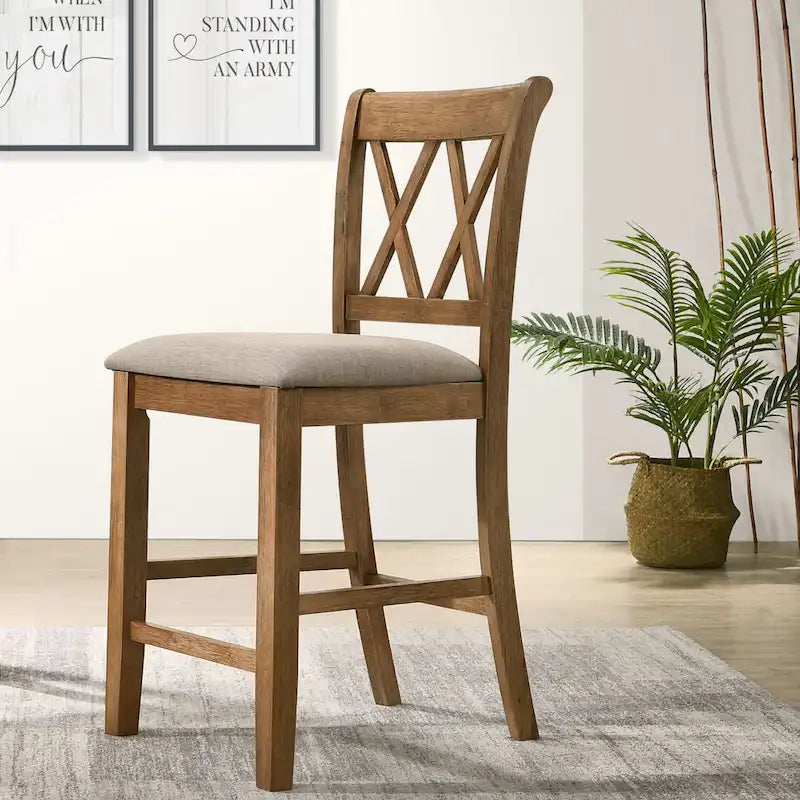 Ensemble de salle à manger en bois 5 pièces à hauteur de comptoir avec pied de table croisé et 4 chaises à dossier croisé
