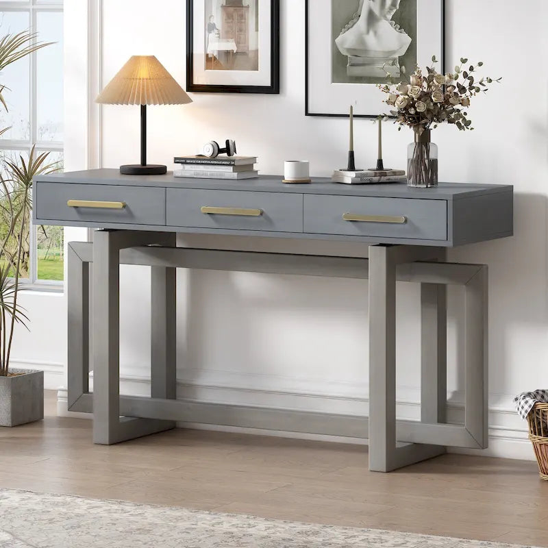 Console moderne de 57 po avec trois tiroirs et piètement original pour entrée, couloir et salon