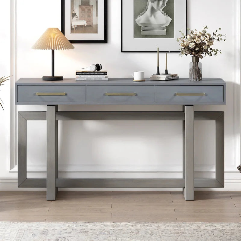 Console moderne de 57 po avec trois tiroirs et piètement original pour entrée, couloir et salon