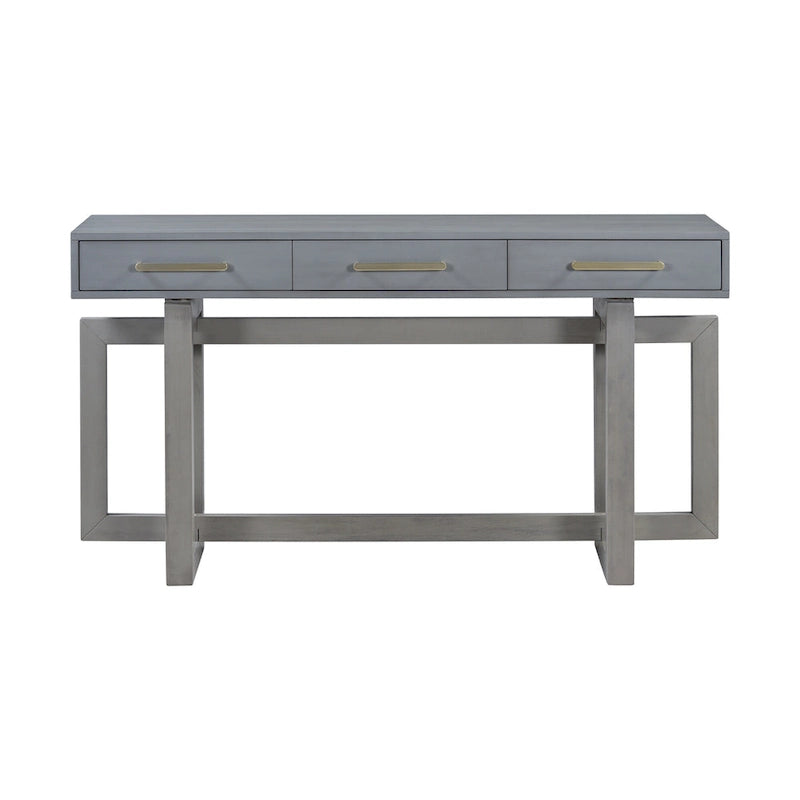 Console moderne de 57 po avec trois tiroirs et piètement original pour entrée, couloir et salon