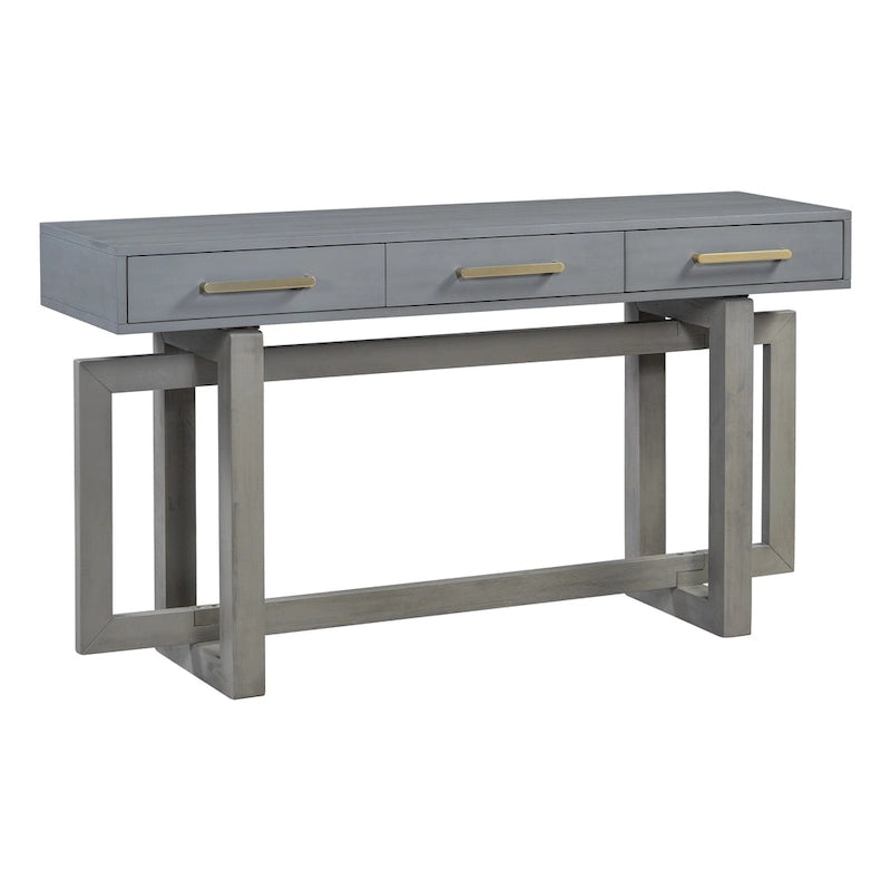 Console moderne de 57 po avec trois tiroirs et piètement original pour entrée, couloir et salon
