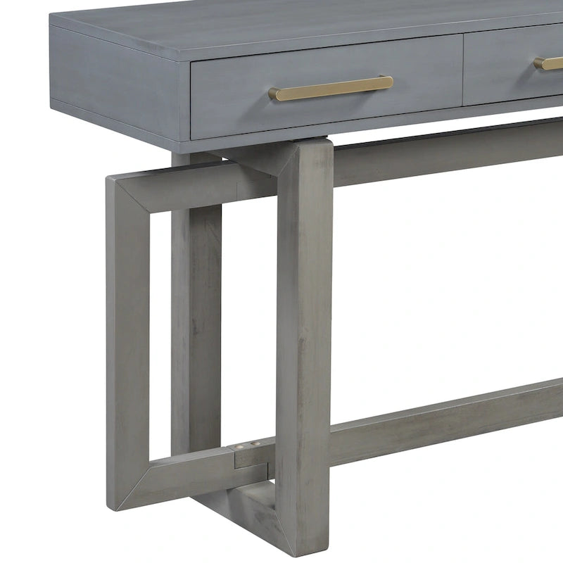 Console moderne de 57 po avec trois tiroirs et piètement original pour entrée, couloir et salon