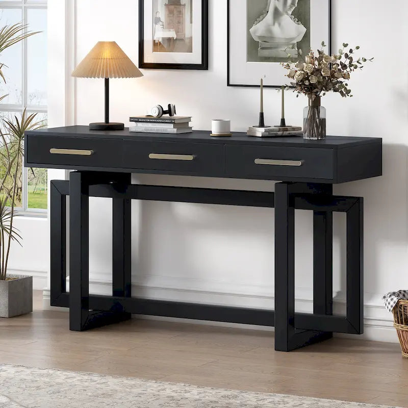 Console moderne de 57 po avec trois tiroirs et piètement original pour entrée, couloir et salon