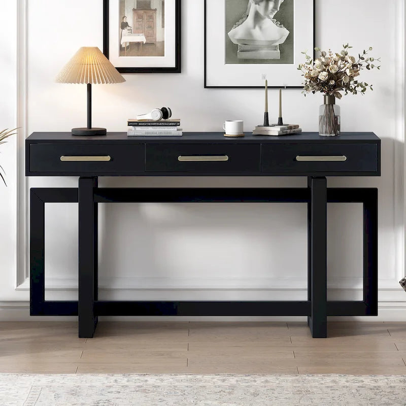 Console moderne de 57 po avec trois tiroirs et piètement original pour entrée, couloir et salon