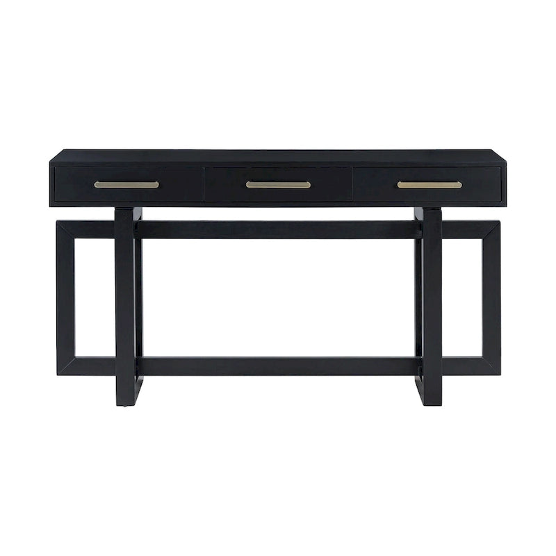 Console moderne de 57 po avec trois tiroirs et piètement original pour entrée, couloir et salon