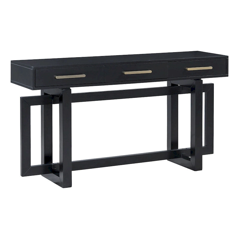 Console moderne de 57 po avec trois tiroirs et piètement original pour entrée, couloir et salon