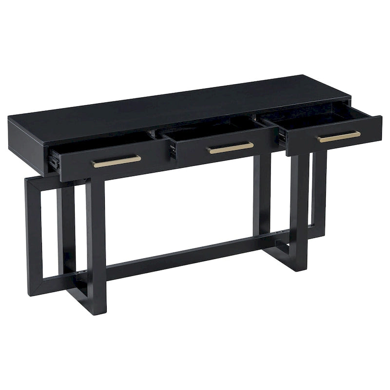 Console moderne de 57 po avec trois tiroirs et piètement original pour entrée, couloir et salon