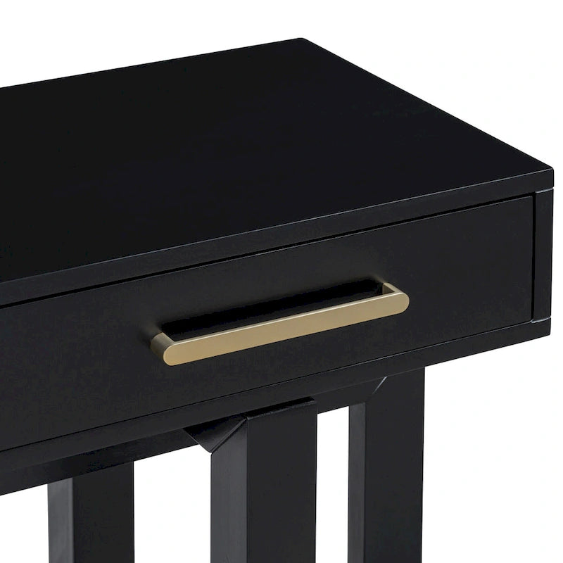 Console moderne de 57 po avec trois tiroirs et piètement original pour entrée, couloir et salon