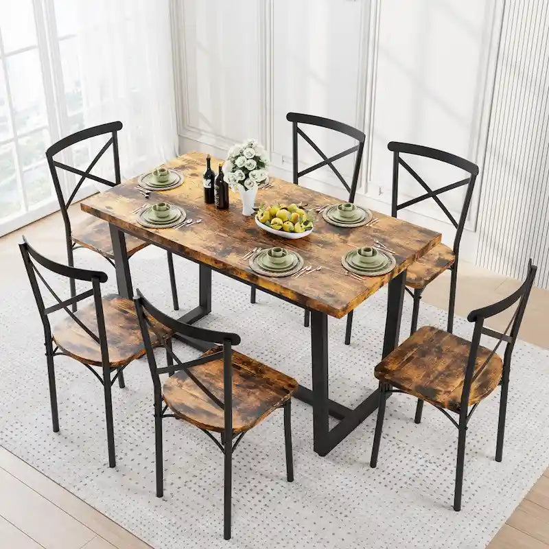 Salle à manger 7 pièces de style moderne avec table rectangulaire et 6 chaises à dossier croisé