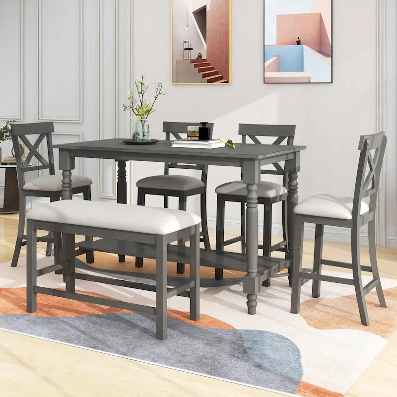 Ensemble table de salle à manger en bois 6 pièces hauteur comptoir vintage avec 4 chaises