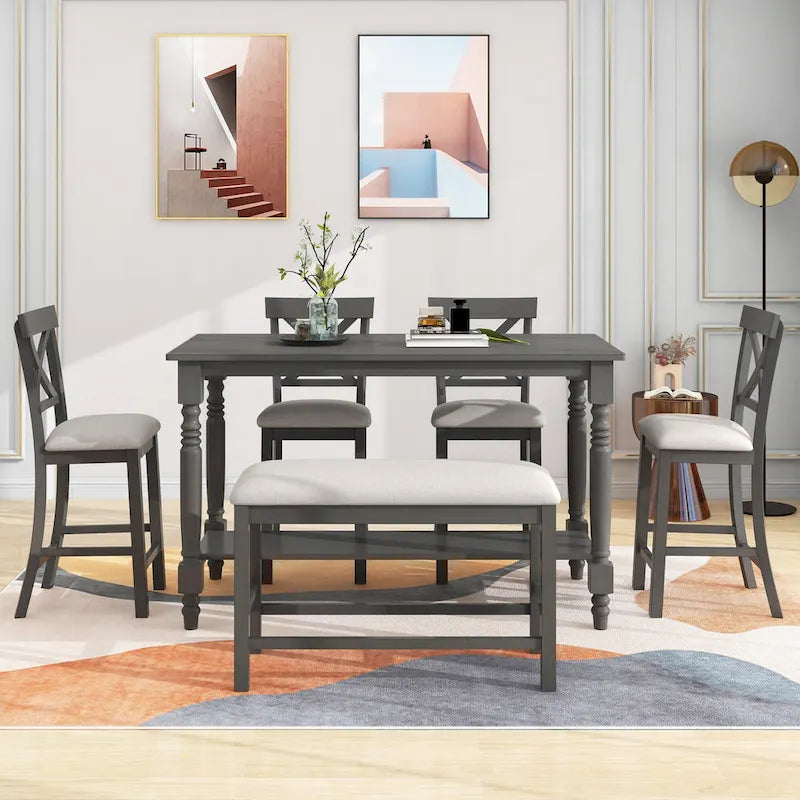 Ensemble table de salle à manger en bois 6 pièces hauteur comptoir vintage avec 4 chaises