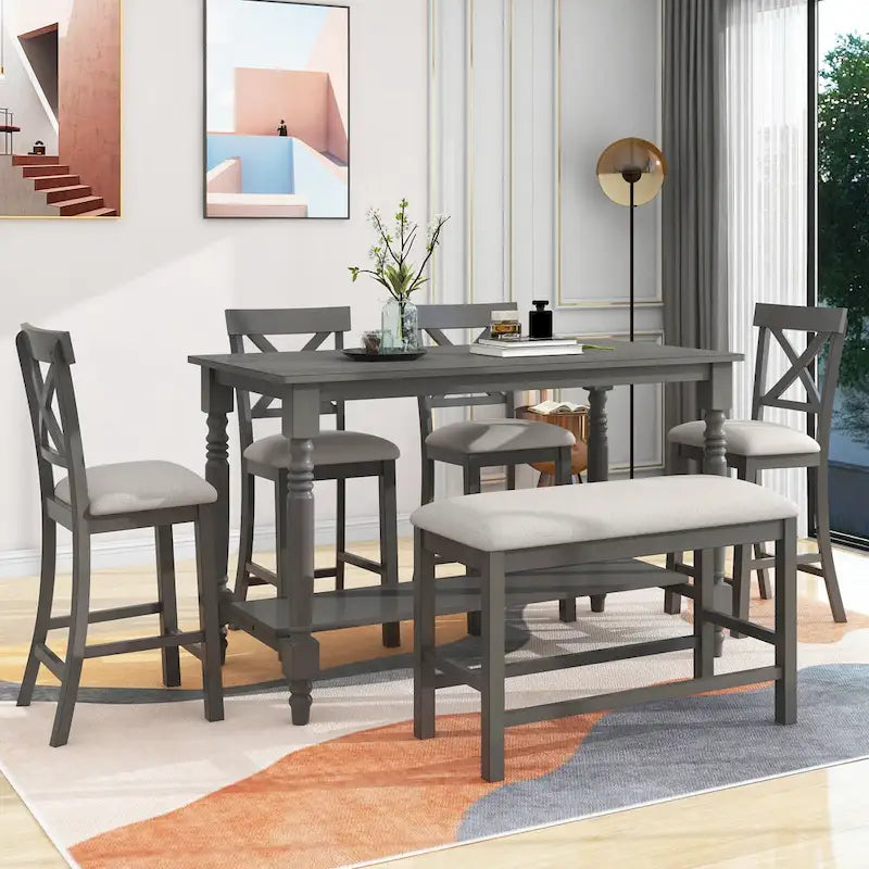 Ensemble table de salle à manger en bois 6 pièces hauteur comptoir vintage avec 4 chaises