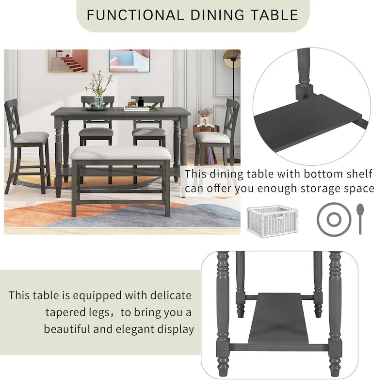 Ensemble table de salle à manger en bois 6 pièces hauteur comptoir vintage avec 4 chaises