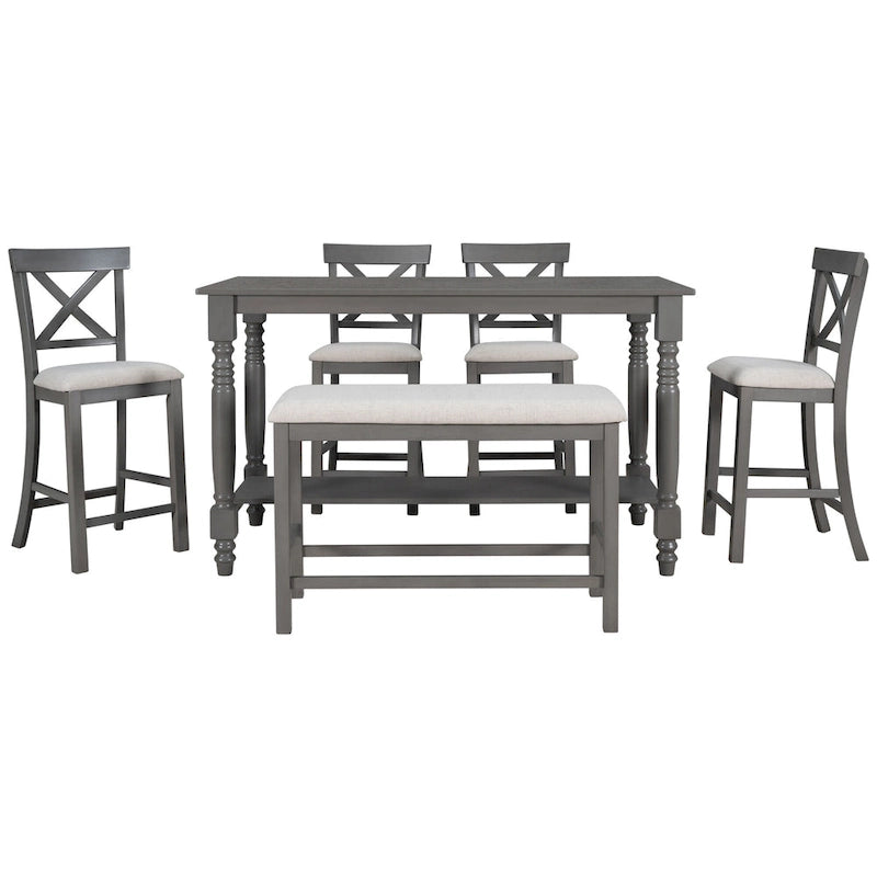 Ensemble table de salle à manger en bois 6 pièces hauteur comptoir vintage avec 4 chaises