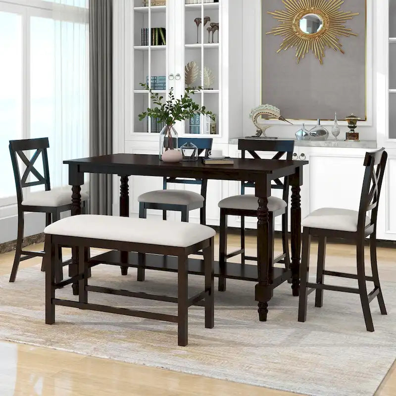 Ensemble table de salle à manger en bois 6 pièces hauteur comptoir vintage avec 4 chaises