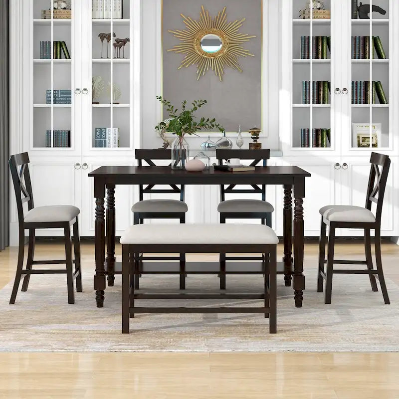 Ensemble table de salle à manger en bois 6 pièces hauteur comptoir vintage avec 4 chaises