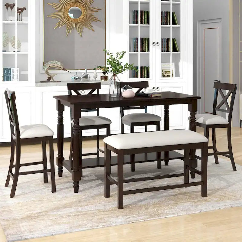 Ensemble table de salle à manger en bois 6 pièces hauteur comptoir vintage avec 4 chaises