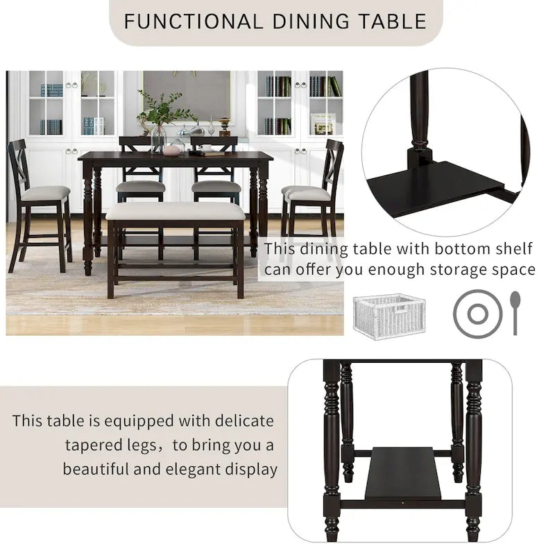 Ensemble table de salle à manger en bois 6 pièces hauteur comptoir vintage avec 4 chaises