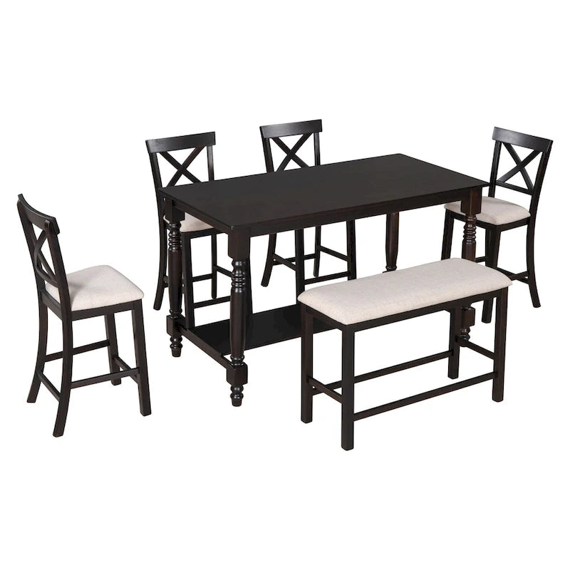 Ensemble table de salle à manger en bois 6 pièces hauteur comptoir vintage avec 4 chaises