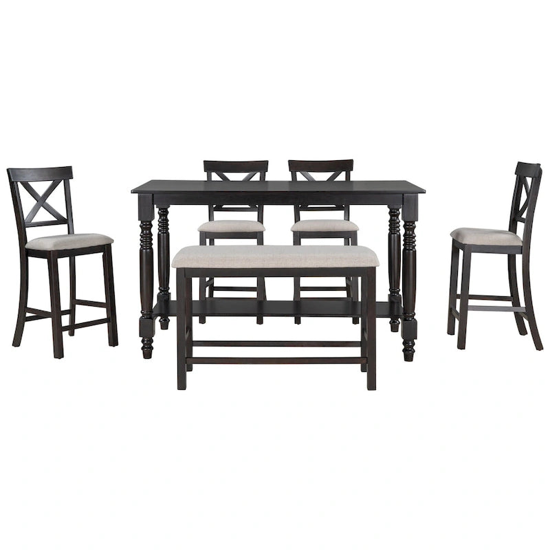 Ensemble table de salle à manger en bois 6 pièces hauteur comptoir vintage avec 4 chaises