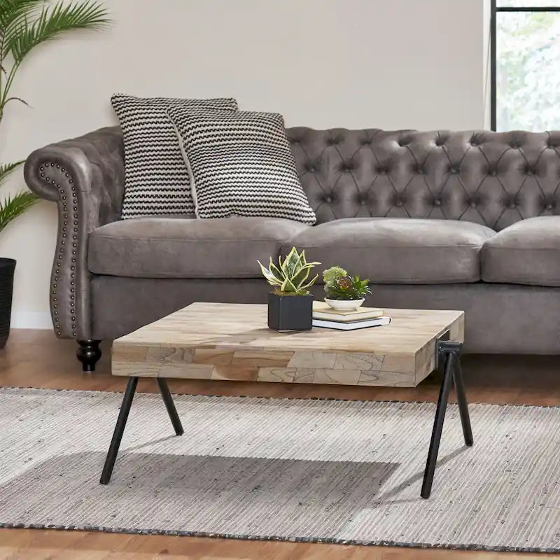 18,75 Table basse design moderne faite à la main avec plateau en bois et pieds uniques en forme de V