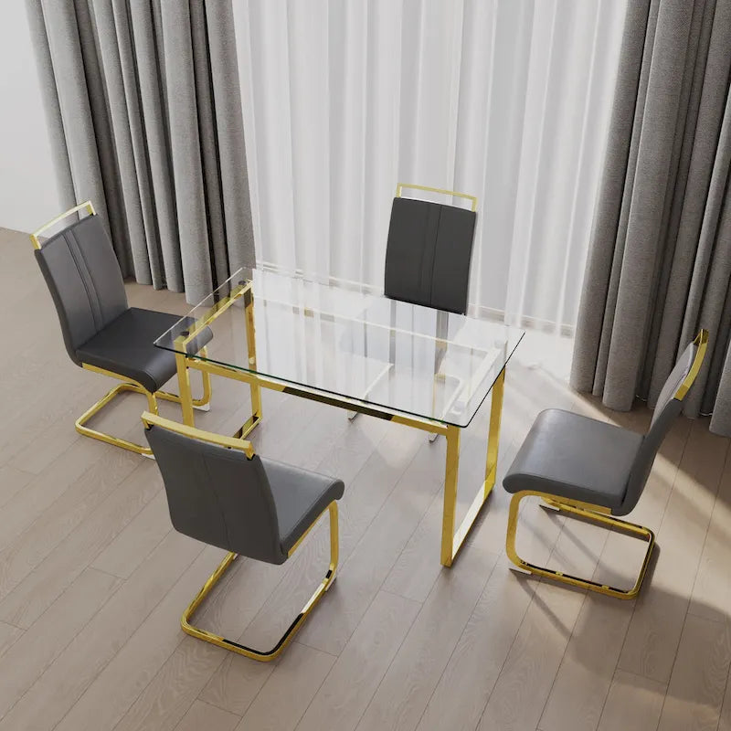Ensemble de salle à manger 5 pièces de style moderne avec table rectangulaire en verre trempé et chaises de salle à manger sans accoudoirs à dossier haut avec pieds plaqués or
