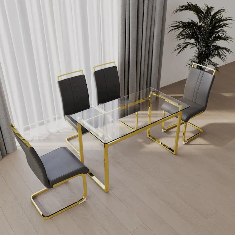 Ensemble de salle à manger 5 pièces de style moderne avec table rectangulaire en verre trempé et chaises de salle à manger sans accoudoirs à dossier haut avec pieds plaqués or