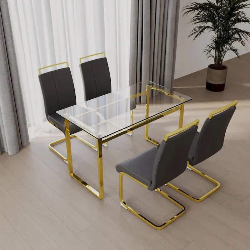 Ensemble de salle à manger 5 pièces de style moderne avec table rectangulaire en verre trempé et chaises de salle à manger sans accoudoirs à dossier haut avec pieds plaqués or
