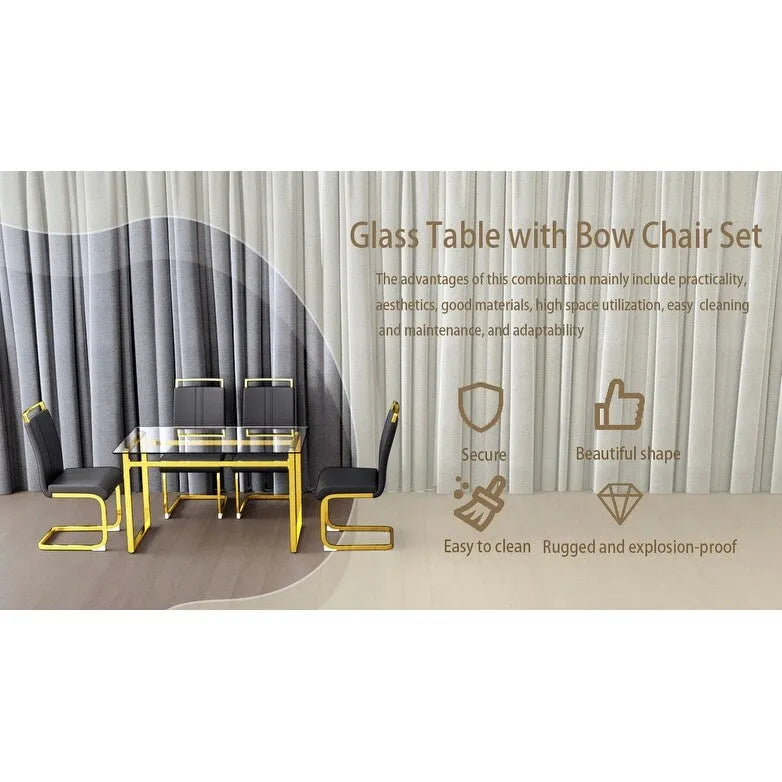 Ensemble de salle à manger 5 pièces de style moderne avec table rectangulaire en verre trempé et chaises de salle à manger sans accoudoirs à dossier haut avec pieds plaqués or
