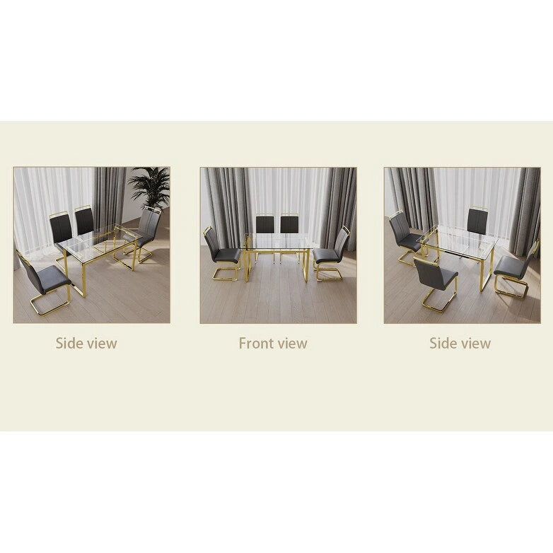 Ensemble de salle à manger 5 pièces de style moderne avec table rectangulaire en verre trempé et chaises de salle à manger sans accoudoirs à dossier haut avec pieds plaqués or
