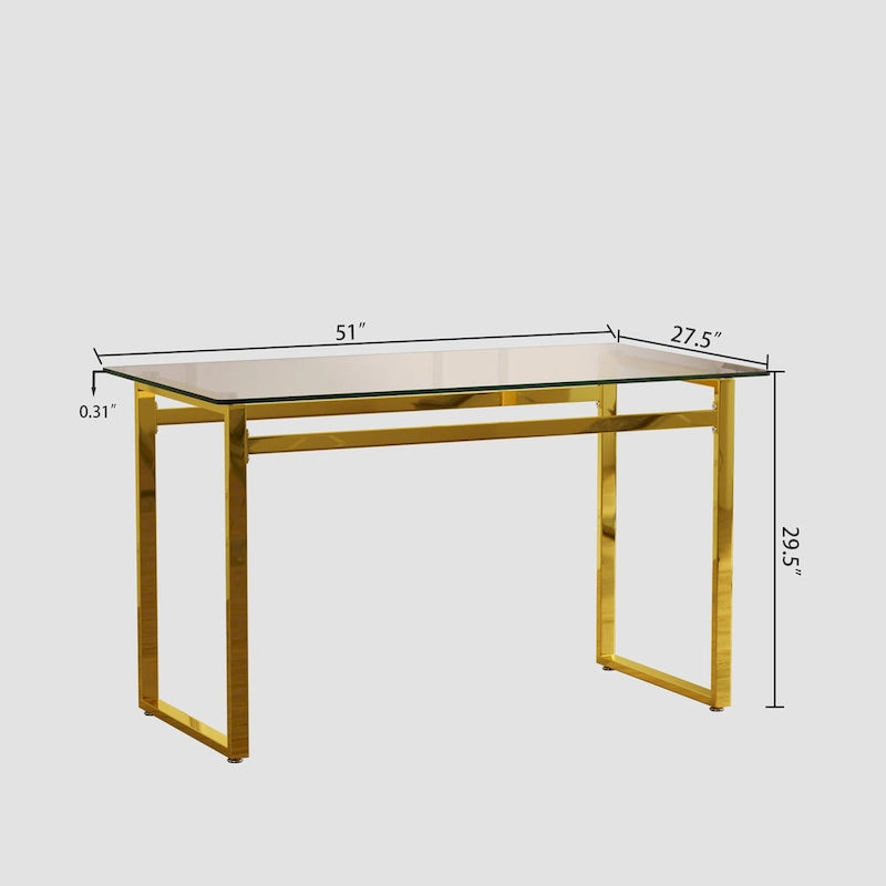 Ensemble de salle à manger 5 pièces de style moderne avec table rectangulaire en verre trempé et chaises de salle à manger sans accoudoirs à dossier haut avec pieds plaqués or
