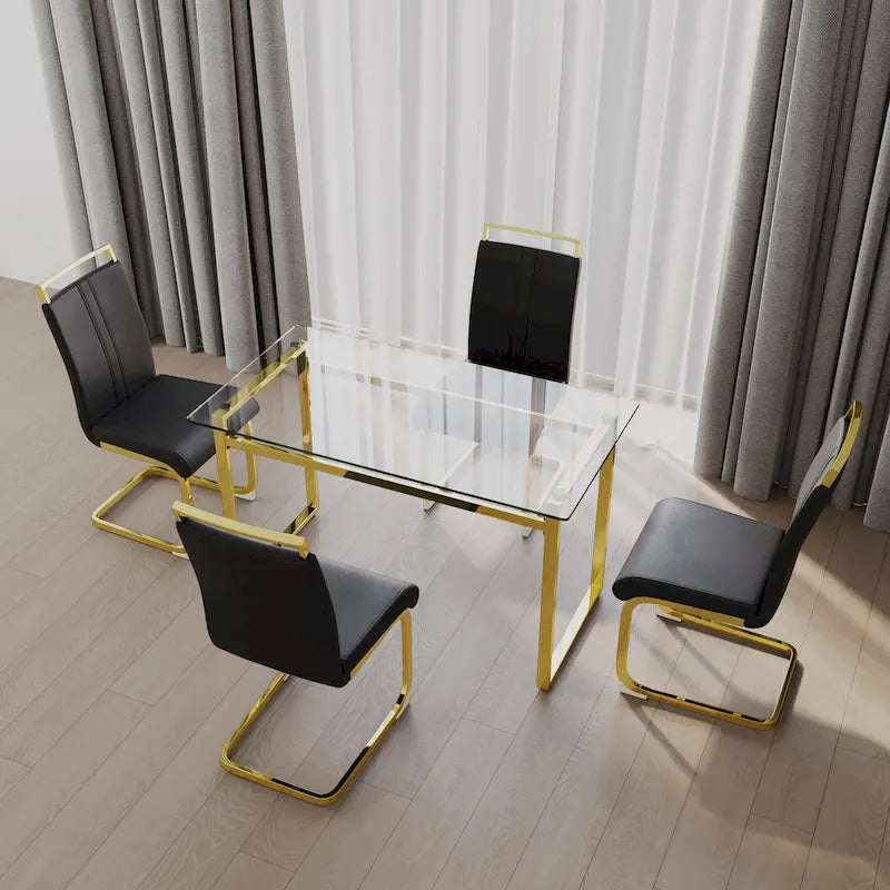 Ensemble de salle à manger 5 pièces de style moderne avec table rectangulaire en verre trempé et chaises de salle à manger sans accoudoirs à dossier haut avec pieds plaqués or