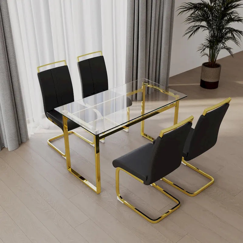Ensemble de salle à manger 5 pièces de style moderne avec table rectangulaire en verre trempé et chaises de salle à manger sans accoudoirs à dossier haut avec pieds plaqués or