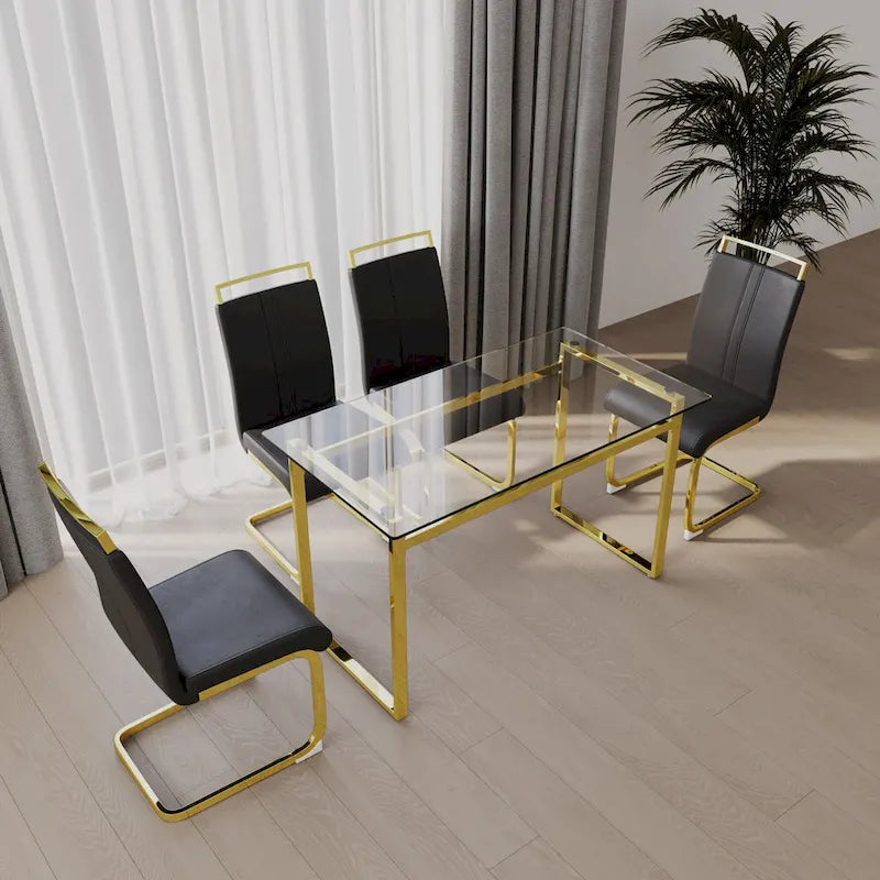 Ensemble de salle à manger 5 pièces de style moderne avec table rectangulaire en verre trempé et chaises de salle à manger sans accoudoirs à dossier haut avec pieds plaqués or