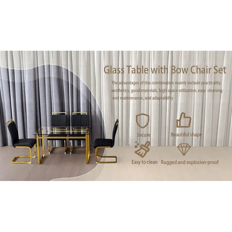 Ensemble de salle à manger 5 pièces de style moderne avec table rectangulaire en verre trempé et chaises de salle à manger sans accoudoirs à dossier haut avec pieds plaqués or