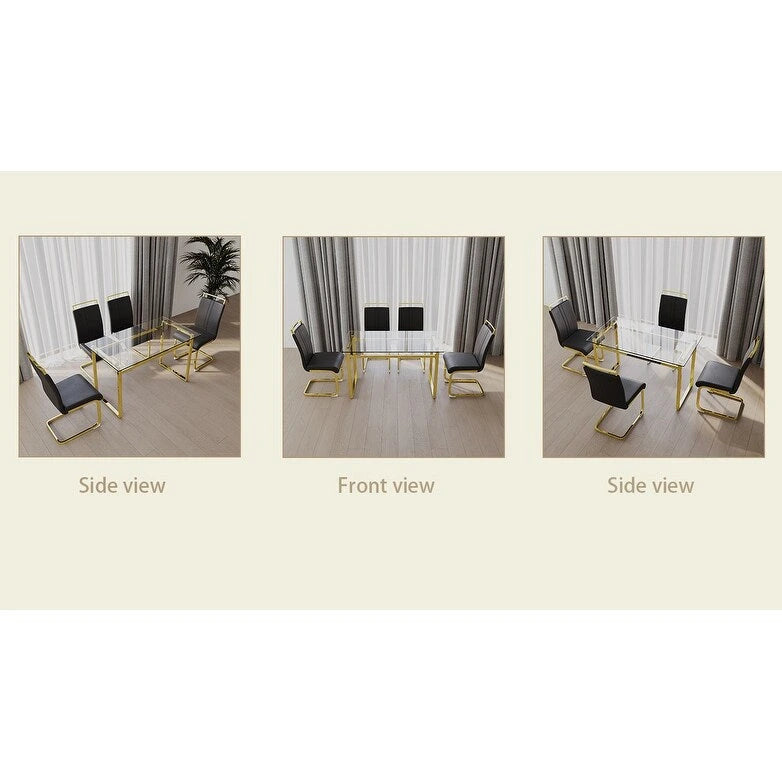 Ensemble de salle à manger 5 pièces de style moderne avec table rectangulaire en verre trempé et chaises de salle à manger sans accoudoirs à dossier haut avec pieds plaqués or