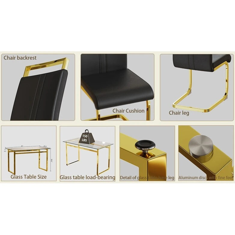 Ensemble de salle à manger 5 pièces de style moderne avec table rectangulaire en verre trempé et chaises de salle à manger sans accoudoirs à dossier haut avec pieds plaqués or