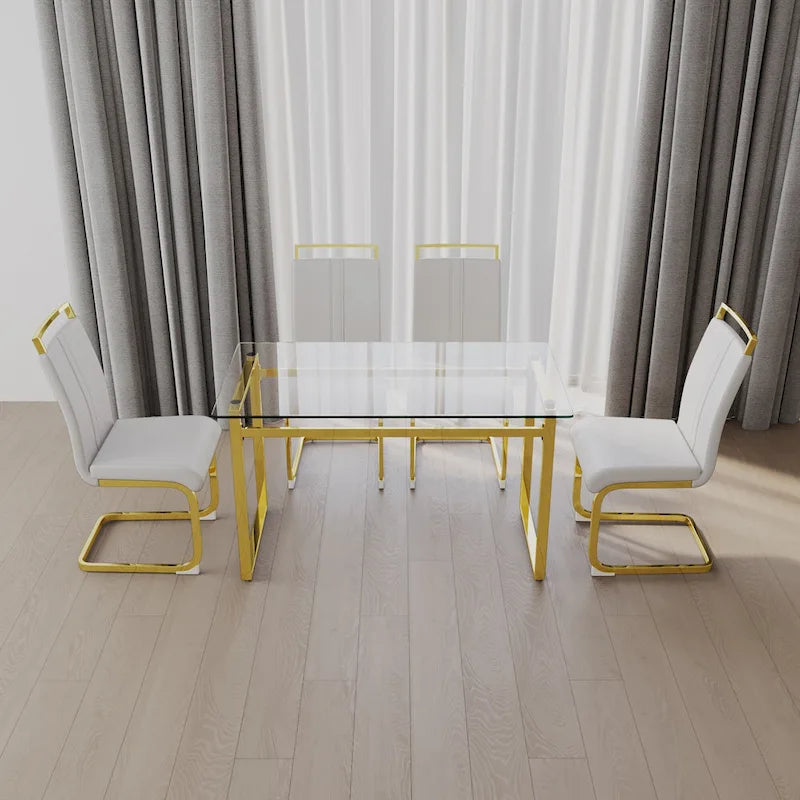 Ensemble de salle à manger 5 pièces de style moderne avec table rectangulaire en verre trempé et chaises de salle à manger sans accoudoirs à dossier haut avec pieds plaqués or