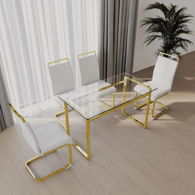 Ensemble de salle à manger 5 pièces de style moderne avec table rectangulaire en verre trempé et chaises de salle à manger sans accoudoirs à dossier haut avec pieds plaqués or