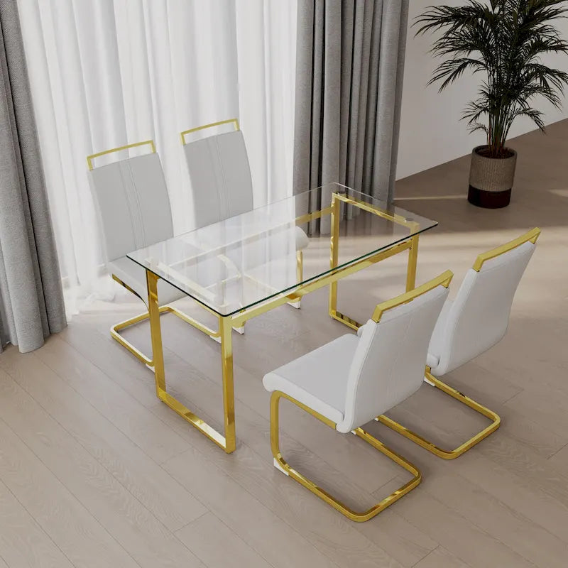 Ensemble de salle à manger 5 pièces de style moderne avec table rectangulaire en verre trempé et chaises de salle à manger sans accoudoirs à dossier haut avec pieds plaqués or