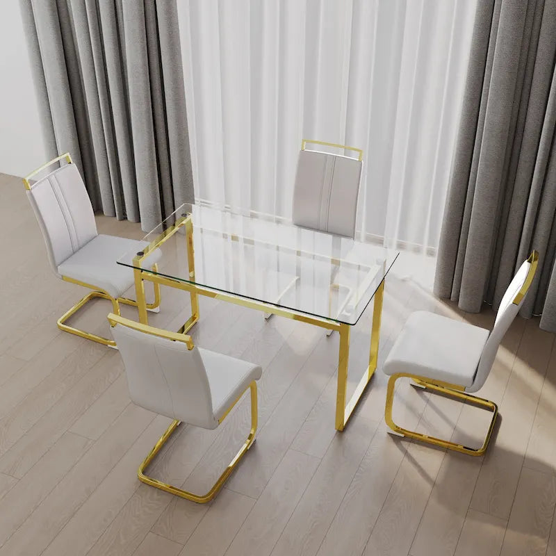 Ensemble de salle à manger 5 pièces de style moderne avec table rectangulaire en verre trempé et chaises de salle à manger sans accoudoirs à dossier haut avec pieds plaqués or