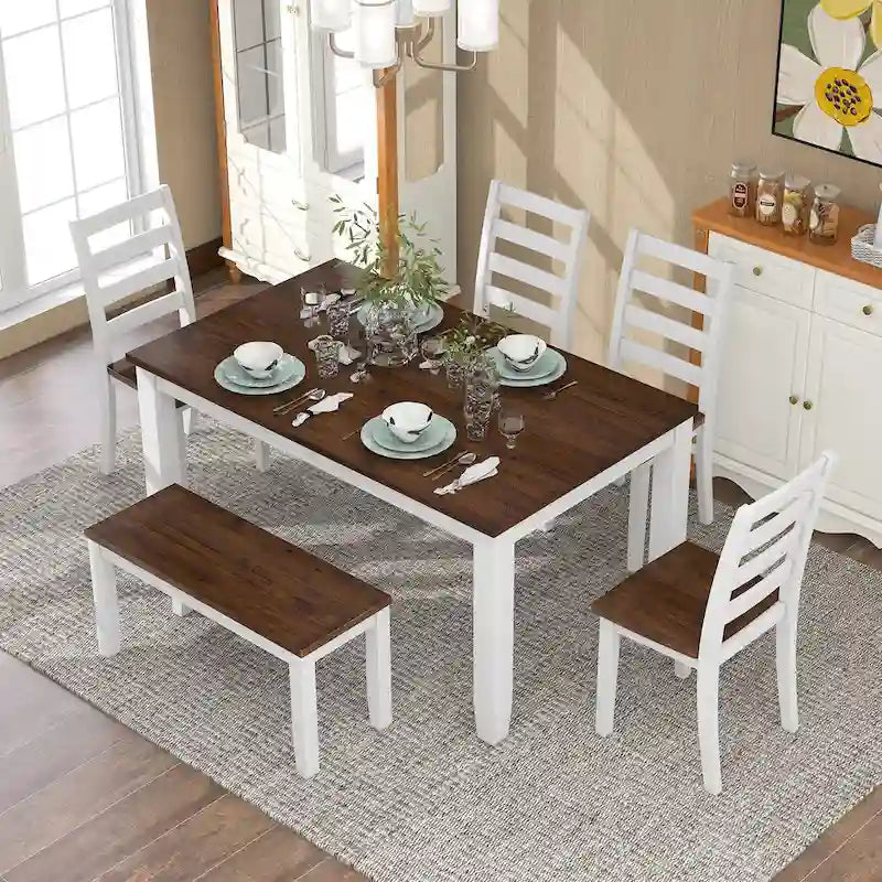 Ensemble de salle à manger 6 pièces en bois de noyer avec 4 chaises ergonomiques et un banc
