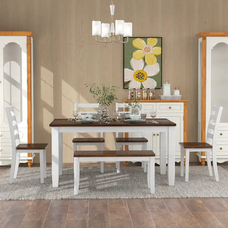 Ensemble de salle à manger 6 pièces en bois de noyer avec 4 chaises ergonomiques et un banc