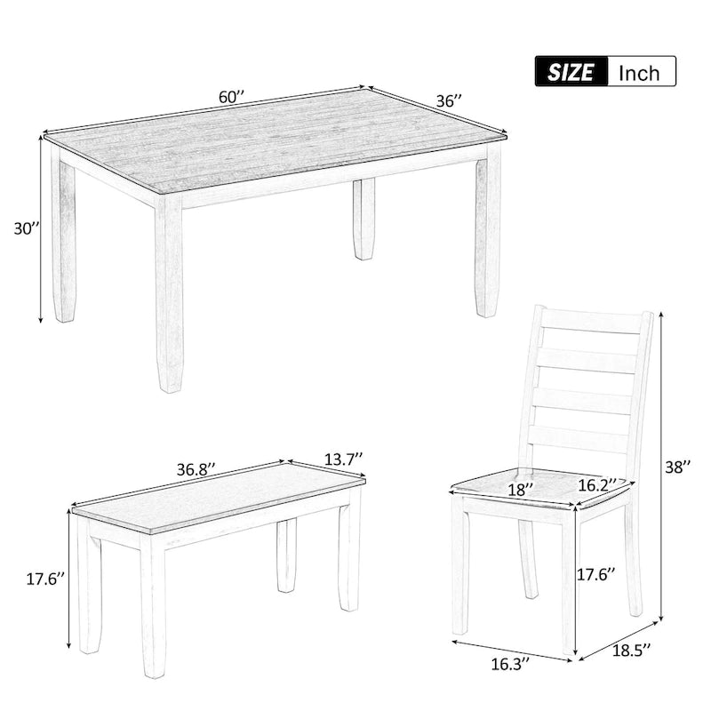 Ensemble de salle à manger 6 pièces en bois de noyer avec 4 chaises ergonomiques et un banc
