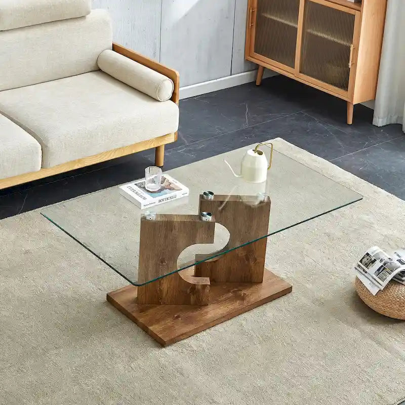 47.2 Table basse rectangulaire moderne avec plateau en verre trempé et pieds en MDF